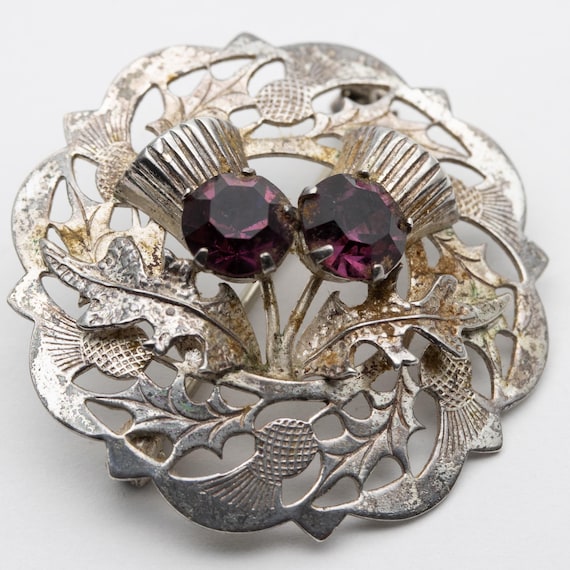 Vintage Scottish Sterling Silver Ward Brothers Amethyst Glass Thistle Brooch