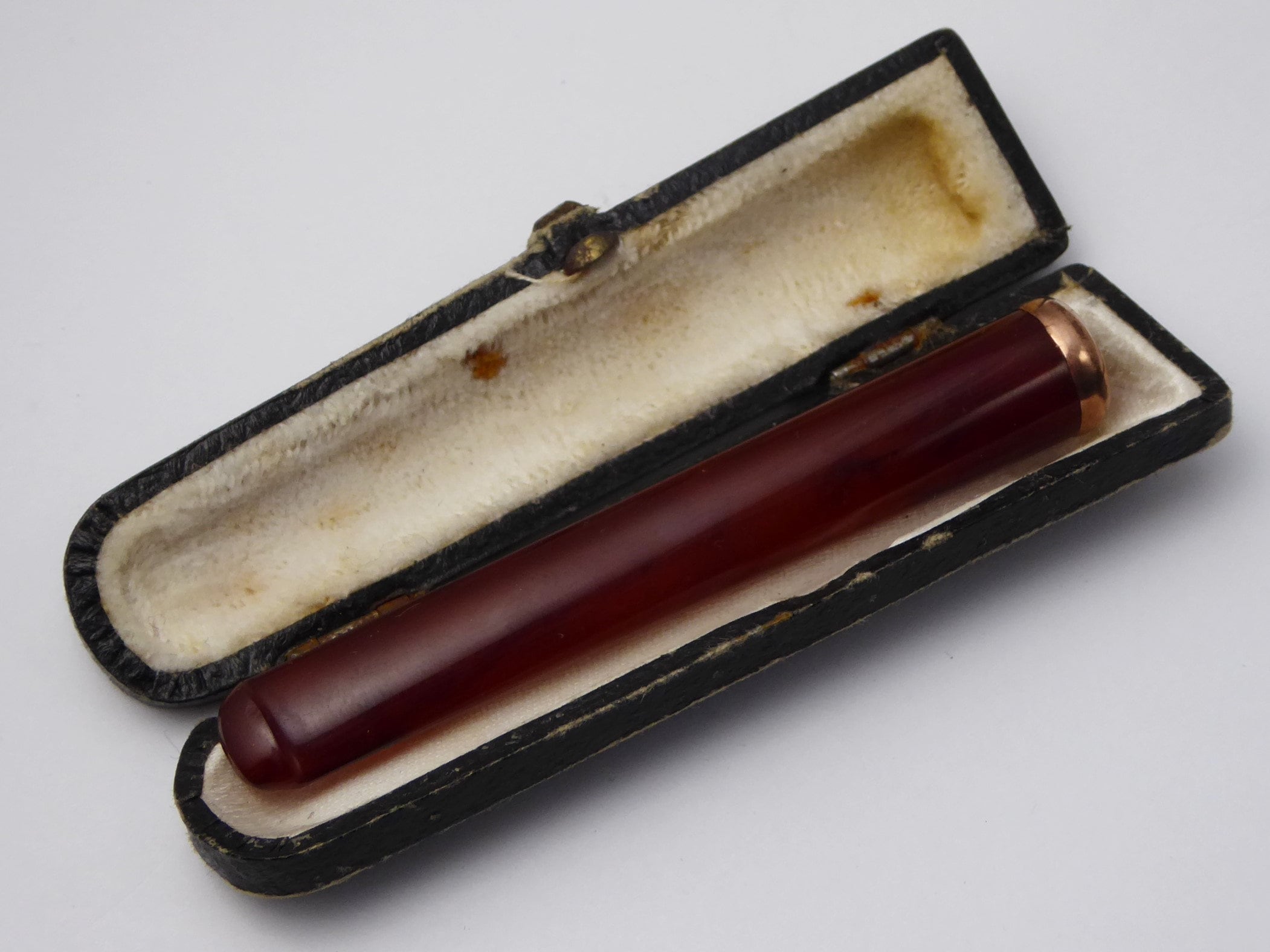 Boxed Antique 9ct Rose Gold Plated Bakelite Amber Cigarette Holder