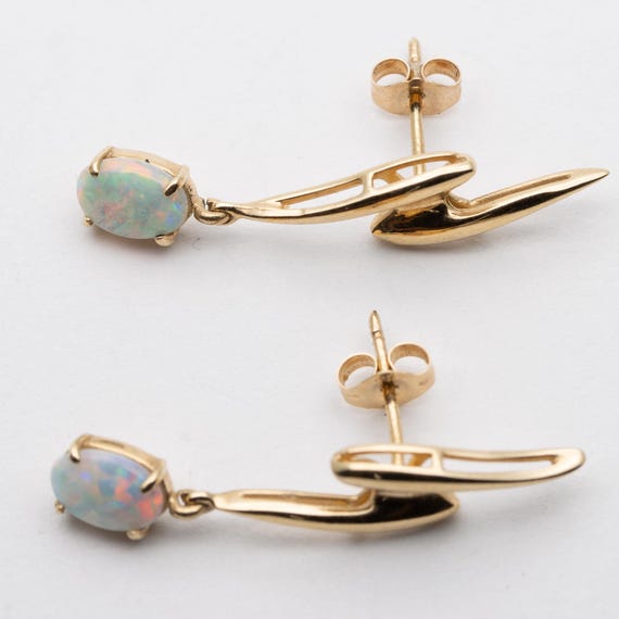 Vintage 9ct Yellow Gold Natural Opal Lightning Dangle Earrings