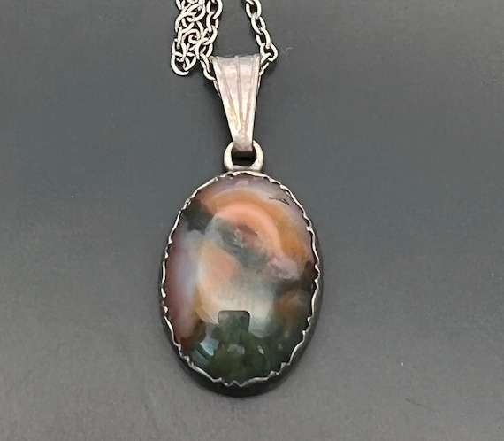 Antique Art Deco Sterling Silver Moss Agate Penda… - image 1