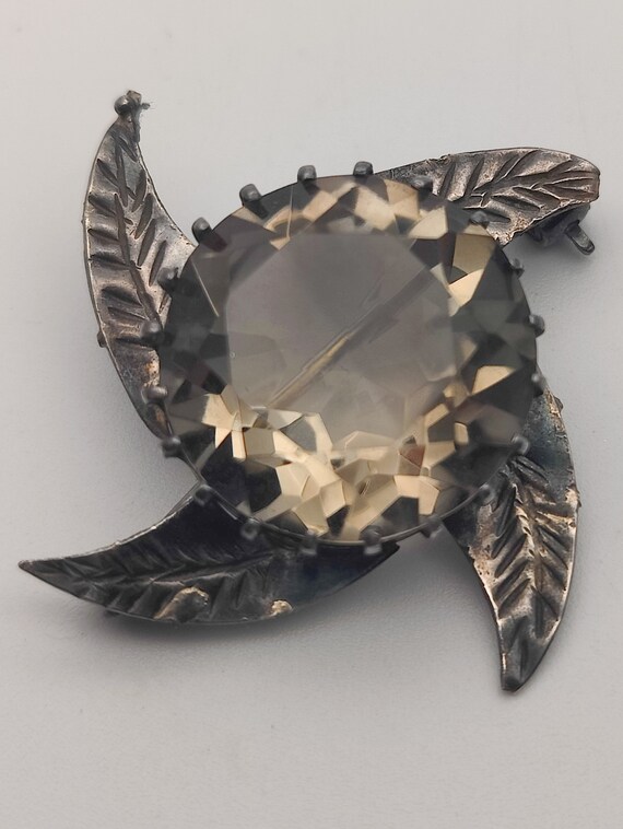 Unusual Vintage Sterling Silver Smoky Quartz Leaf Brooch