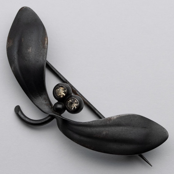 Antique Victorian Gunmetal Paste Mistletoe Brooch