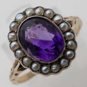 Anillo victoriano antiguo de plata de ley y amatista con perla de 9 quilates, talla N