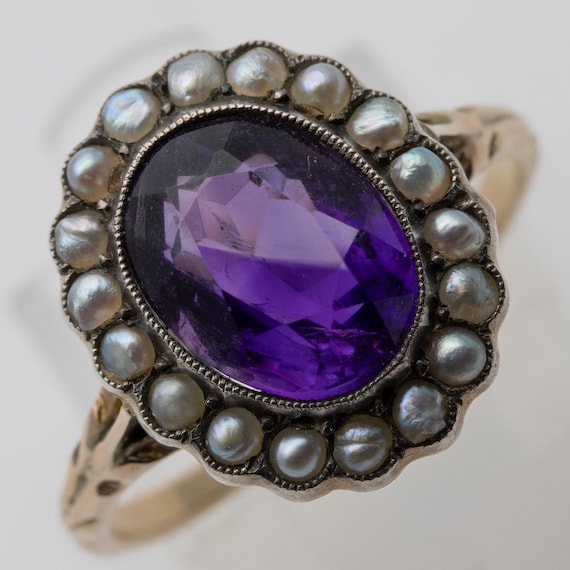 Antique Victorian 9ct & Silver Amethyst +Seed Pearl Ring Size N