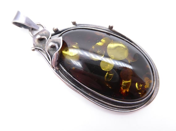 Silver Green Amber Pendant – Large Sterling Silver Baltic Amber Pendant