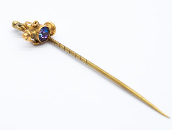 Antique Vintage 9ct Yellow Gold Rainbow Iris Glass Paste Lantern Stick Pin