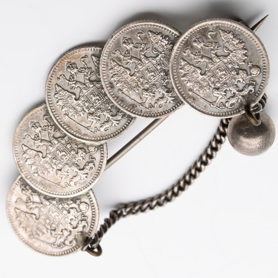 Antique Russian Silver 1890 5 Kopek Coin Brooch
