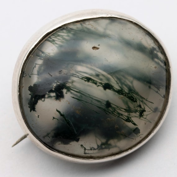Vintage Sterling Silver Moss Agate Button Brooch