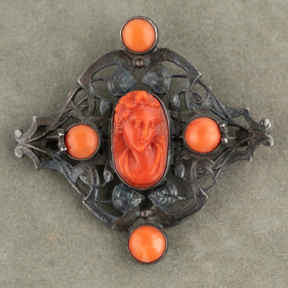 Antique Coral Cameo Brooch - Arts & Crafts, Art Nouveau