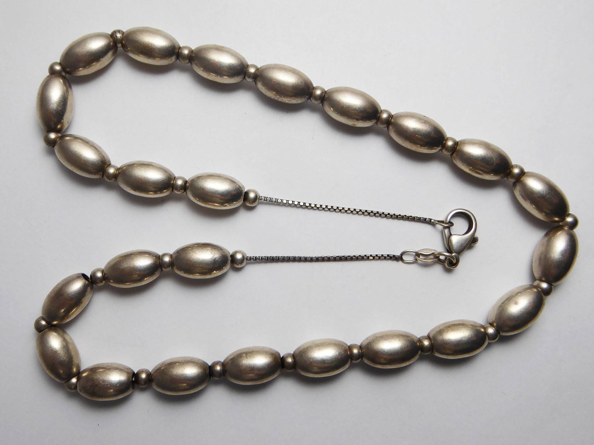 Vintage Sterling Silver Oval Bead Necklace on Box Chain