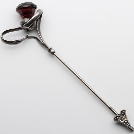 Antique Edwardian Sterling Silver Amethyst Glass Jabot Pin