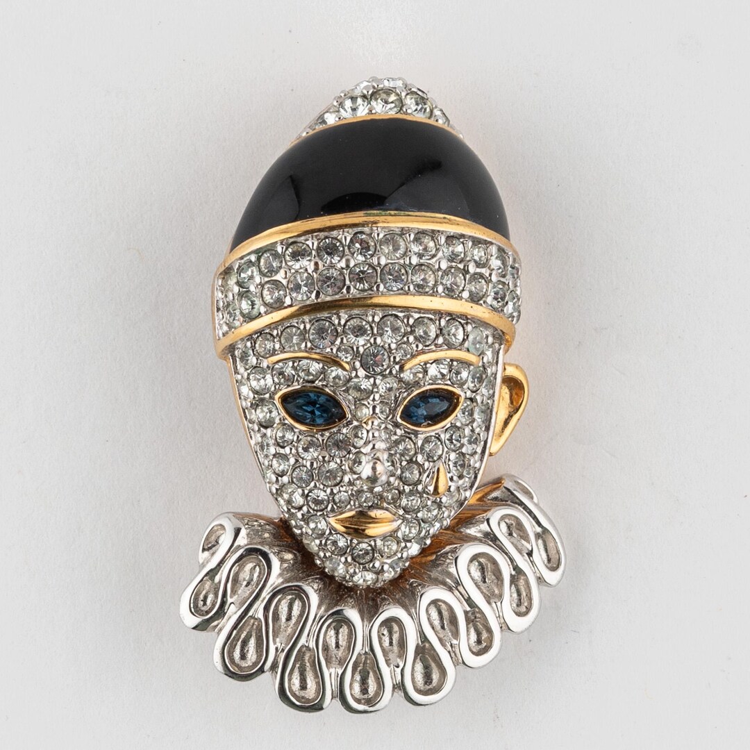 Broche Vintage Clown Pierrot Quart De Lune - Laiton Repoussé Doré - Etat Photo