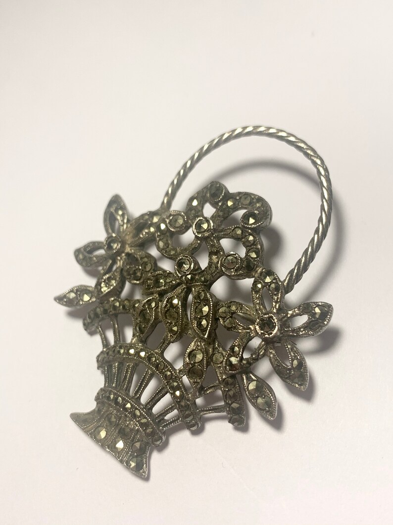 Antique Vintage Sterling Silver /& Marcasite Flower Basket Brooch