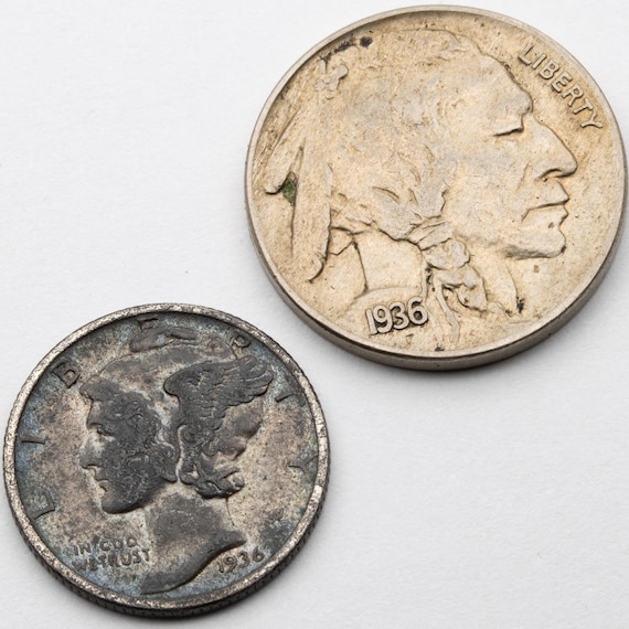 1936 US Silver Dime & US 1936 Buffalo Indian Head 5 cents