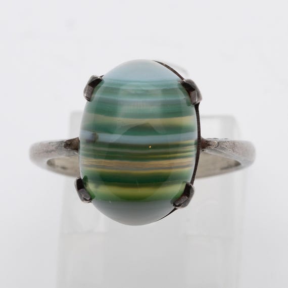 Vintage Sterling Silver Green Banded Agate Ring – Size K
