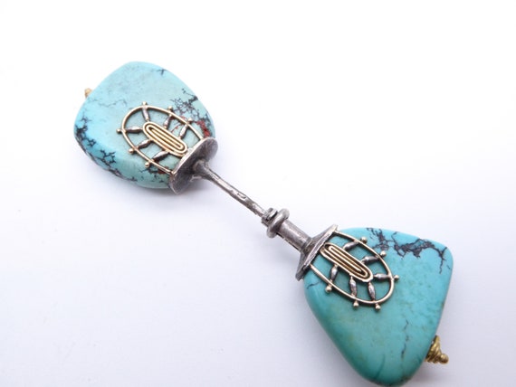 Antique Art Deco Natural Turquoise Silver Gold Jabot Pin