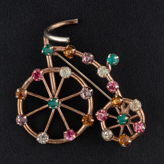 Vintage Sterling Silver Gilt Rhinestone Penny Farthing Bicycle Brooch