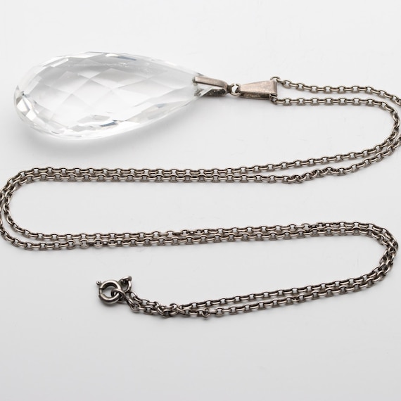 Antique C1900 Sterling Silver Rock Crystal Tear Drop Pendant Necklace