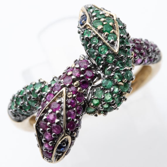 Vintage 9ct Yellow Gold Emerald & Ruby Double Snake Head Ring – Size O