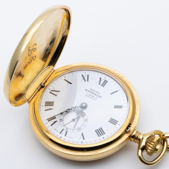 Vintage Swiss Emperor Full Hunter 17 Jewels Inclabloc Pocket Watch & Chain