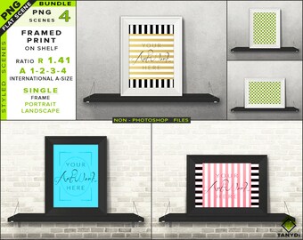 Download Free A1 A2 A3 A4 Blank Portrait Landscape Frame Mockup Bundle T2 Wide Frame On Shelf 4 Png Styled Scenes Framed Art Print Mockups Free Psd Mockups Templates PSD Mockup Template
