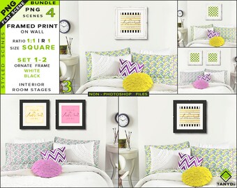 Download Free Blank Square Frame Mockup Bundle - R3 | 20x20 White Black Ornate Frame on Wall | 4 PNG Styled Room Scenes - Framed Art & Print mockups PSD Template