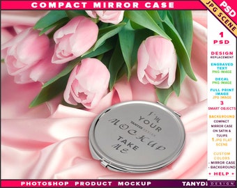 Download Compact Mirror Round Case Photoshop Mockup Cmc 2 Closed Cosmetic Pocket Mirror On Satin And Tulips Gift Smart Object Custom Color New Mockup Apparel