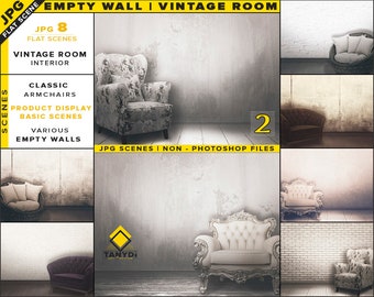 Download Vintage Room Interior Blank Wall Mockup Bundle 2 Styled Living Room Scenes 8 Jpg Room Mockups Wall Art Decal Display Scene Creator Free Layered Mockup Psd File PSD Mockup Templates