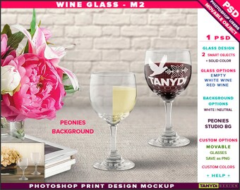 Download Wine Glass M 2 Empty White Red Wine Photoshop Print Mockup Front View Glass And Peonies Background Smart Object Custom Colors Packaging Mockups Templates Yellowimages Mockups