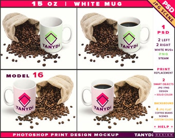 Download Free Coffee Mug 15oz | Photoshop Print Mockup M16-LR-2 | Right & Left White Mug | Steaming coffee | Sack Coffee beans | Smart object PSD Template