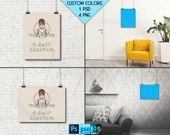 8 5x11 Unframed Portrait Landscape Poster On Interior Wall Psd Photoshop Mockup Black Binder Clips 4 Print Display 22x28cm 3d Photorealistic Logo Mockup Free Download