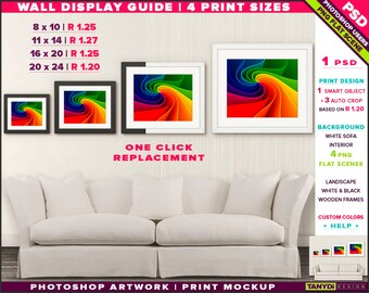 Download Wall Display Guide 4 Print Sizes Photoshop Mockup 8x10 11x14 16x20 20x24 Landscape Black White Frames White Sofa Smart Object Free Magazine Book Mockups PSD Mockup Templates