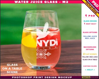 Download Water Glass With Yellow Red Juice Photoshop Print Mockup M 2 Full Glass Tumbler On A Outdoor Wooden Table Smart Object Custom Colors All Free Psd Mockup Templates PSD Mockup Templates