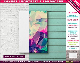 Canvas On Wall Photoshop Print Mockup 8x12 24x36 Movable Unframed Portrait Landscape Bricks Wood Smart Object Custom Colors Best Design Psd Mockups Free Downloads File