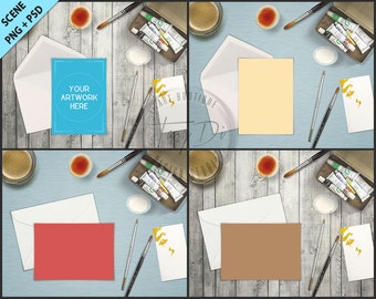 Download Free Greeting Card Art Materials on Wood Table Styling | 5x7 Empty Portrait Landscape Card Styled Desktop Mockup D2 | Styled Stock Photography PSD Template