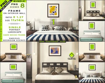 Download Free 11x14 Bedroom Interior Mockup Bundle-1 | Blank Portrait Landscape Wood Frame | 8 PNG Styled Scenes - Framed Wall art & Print mockups PSD Template