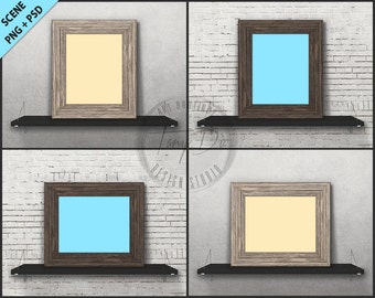 Download Free Wood Frame On Black Shelf Mockup 4 Png Scene Empty 8x10 Frame Styled Mockup T1 Portrait Landscape Light Dark Wood Frame Black T Shirt Mockup Psd File PSD Mockup Template