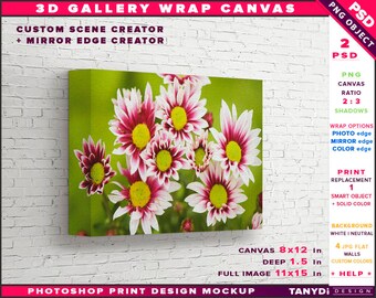 Download Free Gallery Wrap Canvas 1.5in Deep | Photoshop Print Mockup | 8x12 Landscape Canvas on Wall | Custom scene creator | Warp edge options PSD Template