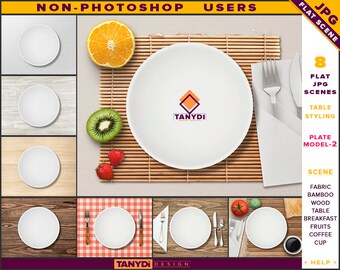 White dinner plate table styling JPG Scenes P2-C1, top view plate on kitchen breakfast table, Non-Photoshop JPG mock-up product display