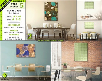Download Free A1 A2 Large Blank Stretched Portrait Landscape Canvas on Dining room Wall Mockup Bundle-2 | 5 PNG Interior Scenes - Art Print Photo Mockup PSD Template
