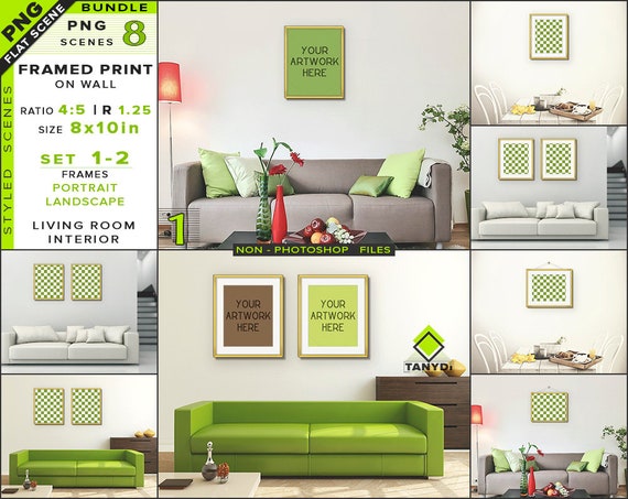 8x10 Blank Portrait Landscape Frame Mockup Bundle Sofa Interior