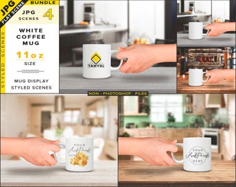 Download Free 11oz Coffee Mug - Blank White Mug in Hand on Table | Steaming Mug | JPG Mockup Scene Bundle | 4 JPG Styled Interior Mug Display Scenes PSD Template