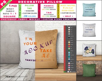 Download Free Decorative Pillow | Square | Minky Fabric | Photoshop Fabric Mockup M9-S | Cushion on wooden floor | 22 ready colors | Custom scene creator PSD Template