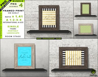 Download Free A1 A2 A3 A4 Blank Portrait Landscape Frame Mockup Bundle - T1 | Wood Frame on Shelf | 4 PNG Styled Scenes - Framed Art & Print mockups PSD Template