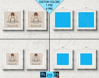 Download Free 10x10 Set of 2 White Ornate Frames on White Brick Wall | 4 Print Display Mockups PNG PSD PSE | 25x25cm Custom colors PSD Template