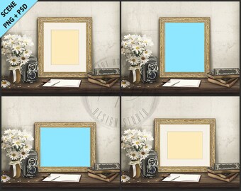 Download Gold Frame On Vintage Table Styling 4 Png Scene Empty 8x10 Frame Styled Mockup T9 Old Camera Daisies Portrait Landscape Ornate Frame Free Mockups Apparel PSD Mockup Templates