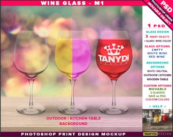Download Free Wine glass Photoshop print mockup M-1, Empty glass, White & red wine glass, Glasses on outdoor kitchen table, Smart object Custom colors PSD Template
