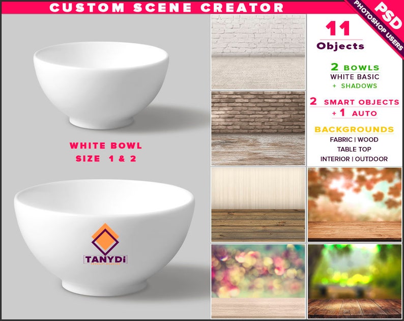 Bowl Photoshop Print Mockup, Cereal Bowl on Fabric Wood Table Top, Custom Scene Creator B2-0, Bowl set on table, Smart object Custom color image 2