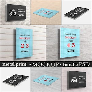 May include: A mockup bundle of metal prints in various sizes and ratios, including 3:2, 2:3, 4:5, and 5:4. The prints are displayed on different backgrounds, including brick, wood, and a white surface. The prints feature a grid pattern and the text "Metal Print Mockup" with the ratio of the print.