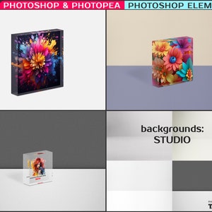 Set of 3 Acrylic Photo Blocks, Square Block 4x4, 6x6, 8x8 in, Photoshop Photopea Elements Photo Mockup, PNG Transparent Blocks 1.5in 40mm